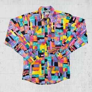 VTG 80’s Rocky Mountain Abstract Colorblock Artsy Western Long Sleeve Shirt XS